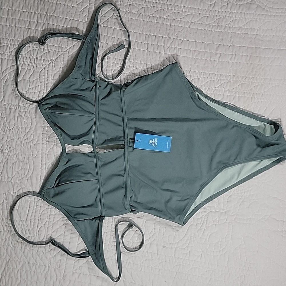 Women's Green One Piece Swimsuit with Unique Cutouts and Structured Bustier